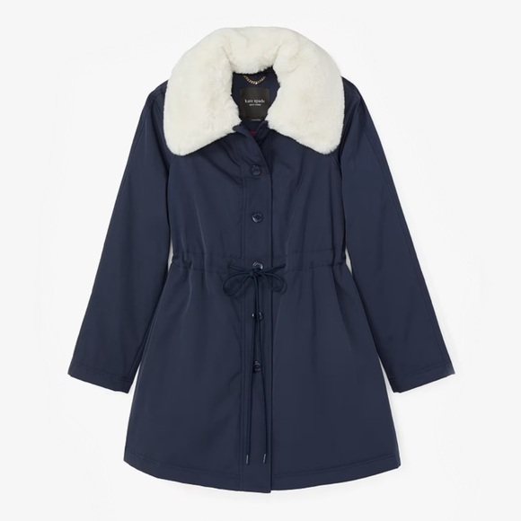 ♠️Kate Spade Cinch Waist Faux Fur Collar Coat Blazer Blue NWT